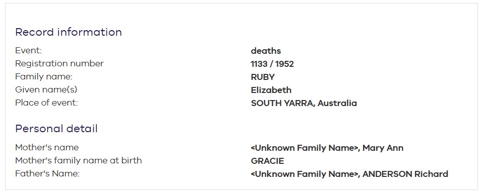 ANDERSON Elizabeth 1952 death