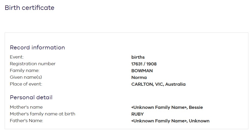 BOWMAN Norma 1908 Birth