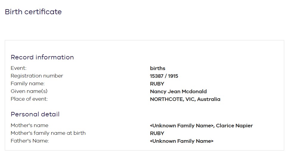 MCDONALD Nancy Jean 1915 Birth