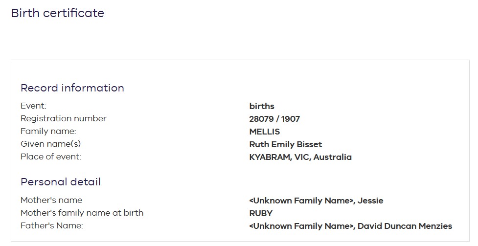 MELLIS Ruth Emily Bisset 1907 Birth