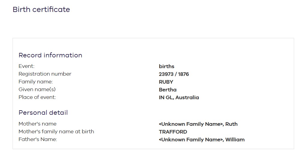 RUBY Bertha 1876 birth