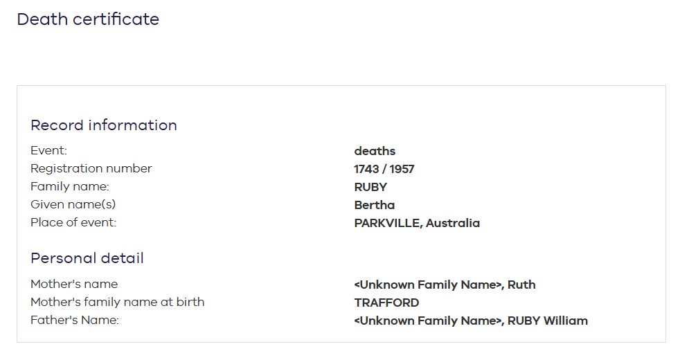 RUBY Bertha 1957 Death