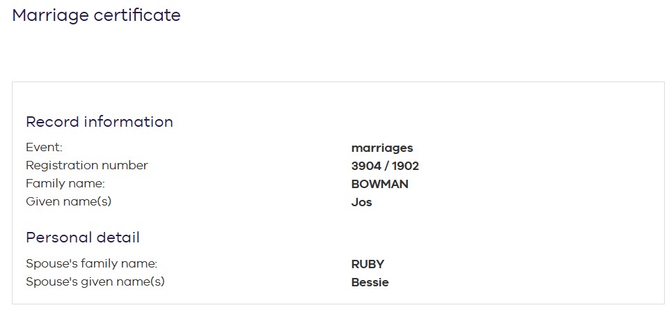 RUBY Bessie 1902 marriage