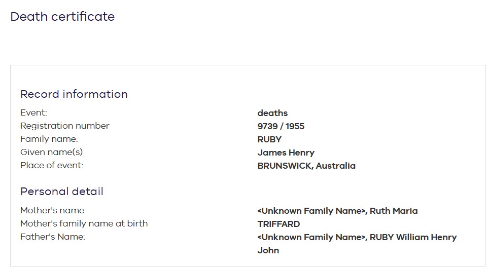 RUBY James Henry 1955 Death