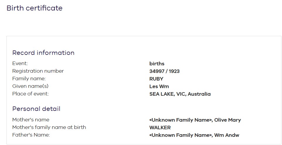 RUBY Les William 1923 Birth
