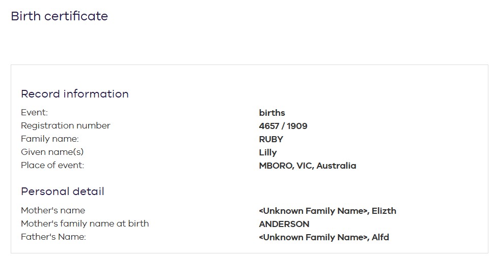 RUBY Lilly 1909 Birth
