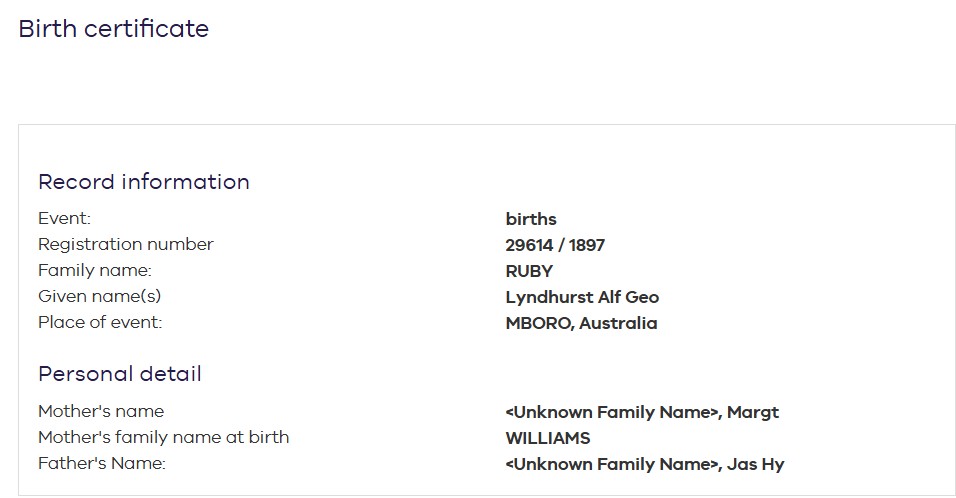 RUBY Lyndhurst Alfred George 1897 birth
