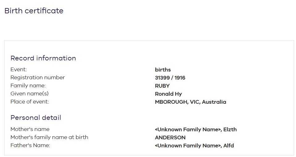 RUBY Ronald Henry 1916 birth