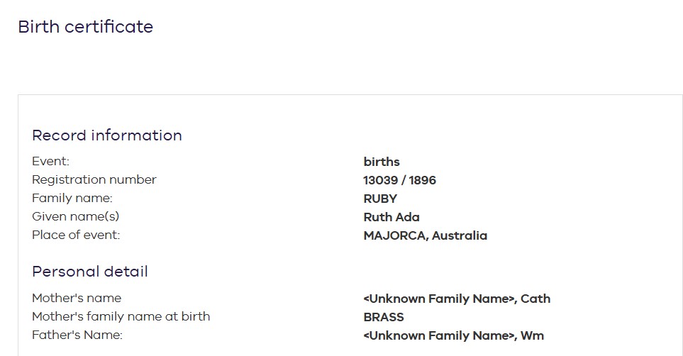 RUBY Ruth Ada 1896 Birth