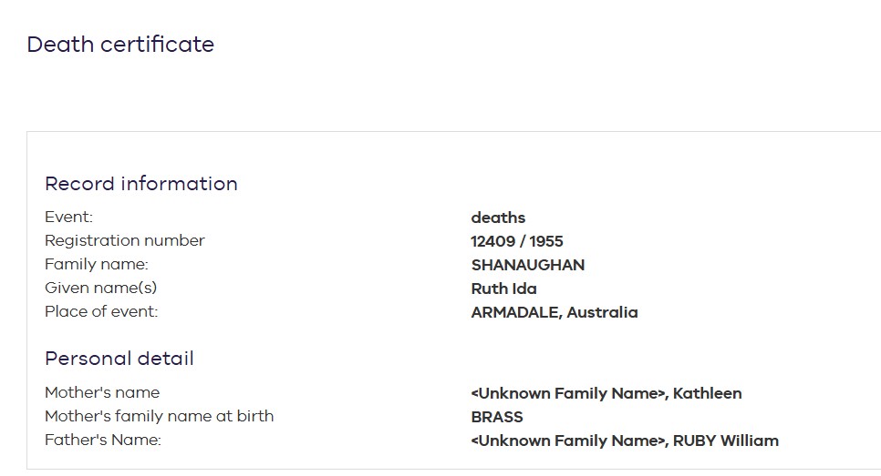 RUBY Ruth Ada 1955 Death