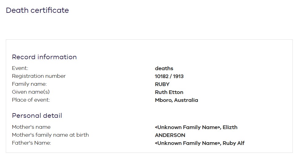 RUBY Ruth Etton 1913 Death