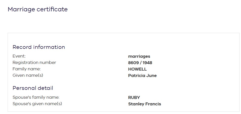 RUBY Stanley Francis 1948 Marriage