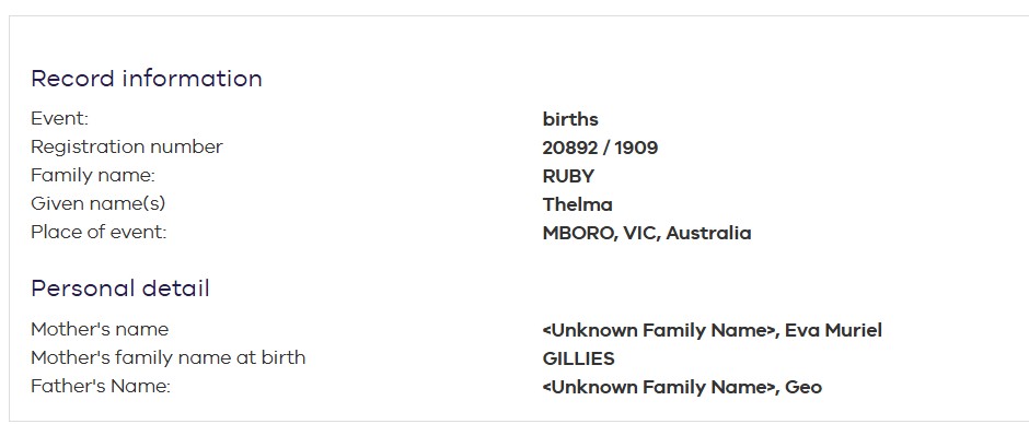RUBY Thelma 1909 Birth