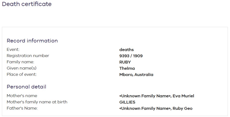 RUBY Thelma 1909 Death aged 1 day