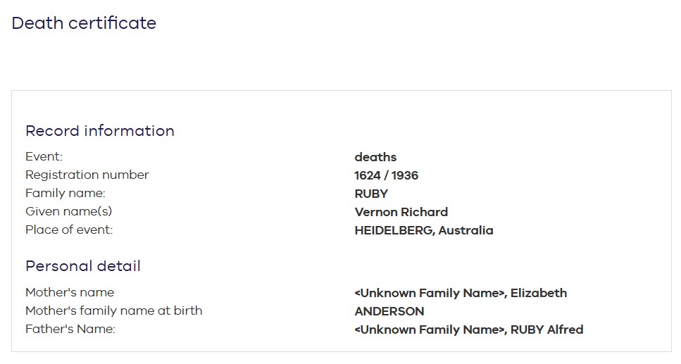 RUBY Vernon Richard 1936 Death