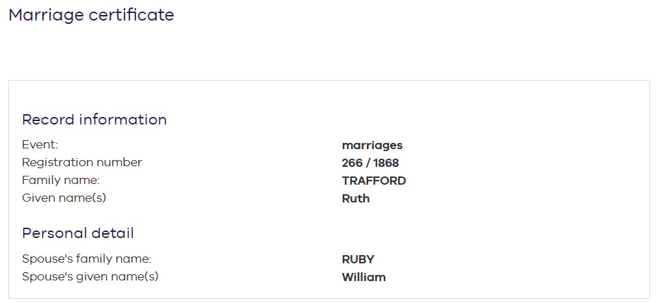 RUBY William Henry John / TRAFFORD Ruth Maria (F111) Marriage 1868