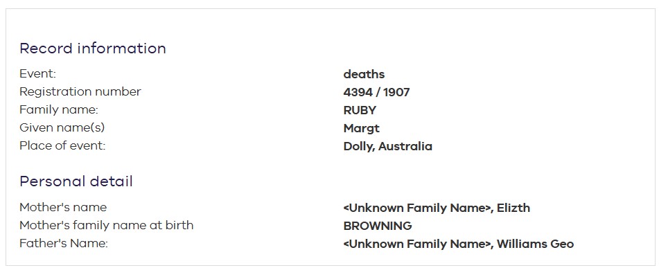 WILLIAMS Margaret 1907 death