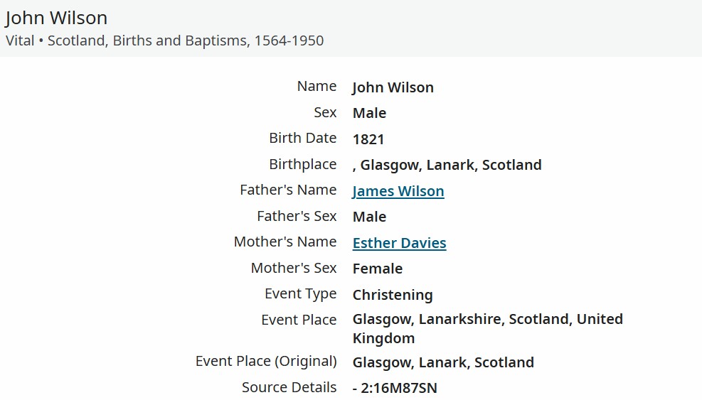 WILSON John 1821 Birth